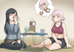 2018 black_hair breasts c-3matome clothed clothing comic drinking duo female food furniture hair human human_only mammal midriff navel not_furry pink_hair table yellow_eyes