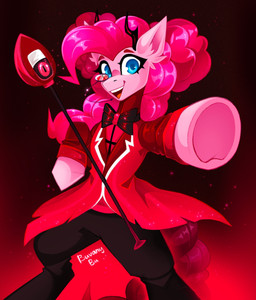 antlers blue_eyes bow_tie clothing electronics eyewear female feral hair horn microphone monocle pink_body pink_hair red_clothing solo buvanybu friendship_is_magic hasbro hazbin_hotel hellaverse my_little_pony alastor_(hazbin_hotel) pinkie_pie_(mlp) earth_pony equid equine horse mammal pony absurd_res hi_res