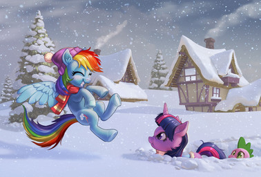 beanie blue_eyes building clothing cutie_mark female feral flying green_eyes group hair hat headgear headwear horn house male multicolored_hair multicolored_tail plant ponyville purple_eyes rainbow_hair rainbow_tail scarf scrunched_nose smile snow snowing tail tree trio wings harwick friendship_is_magic hasbro my_little_pony mythology rainbow_dash_(mlp) spike_(mlp) twilight_sparkle_(mlp) dragon equid equine mammal mythological_creature mythological_equine mythological_scalie pegasus scalie unicorn hi_res
