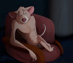 anthro balls brown_body brown_fur fur furniture genitals grin hand_on_leg inside looking_aside male nude penis skinny_male smile sofa solo teeth ayvee disney the_great_mouse_detective basil_(disney) mammal mouse murid murine rodent