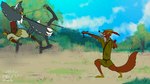 anthro arrow_(weapon) beak biped bow_(weapon) claws cloud day duo fight grass male outside plant ranged_weapon sky snout toe_claws weapon bodifoxy udhasi97 breath_of_the_wild disney nintendo robin_hood_(disney) the_legend_of_zelda revali robin_hood avian bird canid canine fox mammal rito 16:9 4k absurd_res hi_res widescreen