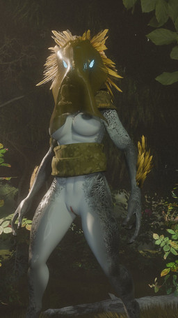 3_fingers anthro arm_feathers arm_tuft armor black_nipples blue_eyes breasts camo feather_hair feathered_crest feathers female fingers forest forest_background genitals glowing glowing_eyes grass grey_body grey_scales head_crest headgear helmet looking_back mostly_nude nature nature_background nipples non-mammal_breasts plant pseudo_hair scales solo standing tree tuft vulva yellow_body yellow_feathers synca pickle_juice_(modeler) halo_(series) microsoft xbox_game_studios syn_yot alien avian kig-yar scalie t'vaoan 3d_(artwork) 9:16 colored digital_media_(artwork) hi_res