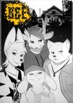 anthro black_and_white broken_horn buck_(corablue) canid canine canis clothed clothing comic corablue deer eye_scar facial_scar group hi_res horn husky_(corablue) jack_(corablue) jackal lagomorph leporid looking_at_viewer male mammal mischief_(corablue) monochrome rodent scar smile tongue tongue_out