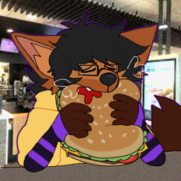 anthro armwear brown_body brown_fur burger clothing eating eyewear fast food fur glasses jacket male solo topwear yellow_clothing yellow_jacket_(clothing) yellow_topwear wuvbyte mcdonald's jonax_brown-fox canid canine fox mammal 1:1 low_res