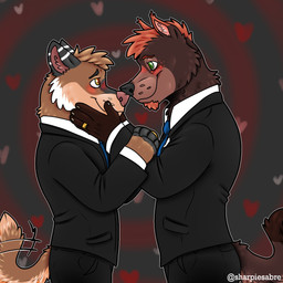 anthro biped blush clothing digit_ring duo heart_symbol jewelry male male/male male_anthro ring romantic suit_and_tie wedding wedding_ring yamatopawa canid canine canis dingo domestic_dog mammal 1:1 hi_res trans_(lore) trans_man_(lore)
