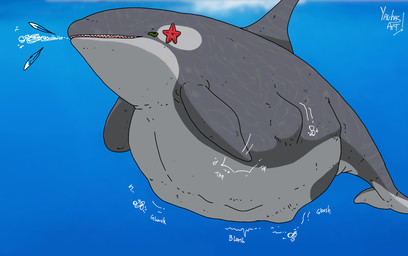 belly big_belly blue_body blue_feathers burping dolphin_tail dorsal_fin duo feathers feral fin grey_body grey_fin male starfish_(accessory) underwater vore water yauhasart aquatic asterozoan cetacean dolphin echinoderm mammal oceanic_dolphin orca starfish toothed_whale 2024 flat_colors hi_res watermark