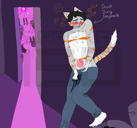 anthro belly black_hair bladder_bulge blush bodily_fluids clothing dizzy drunk fur genital_fluids grey_body grey_fur group hair heterochromia jeans_only leaning_on_wall male omorashi orange_striped_fur pee_desperation solo struggling substance_intoxication urine watery_eyes wet wet_clothing wetting white_belly sparkat150 sparkat_(sparkat150) domestic_cat felid feline felis mammal hi_res