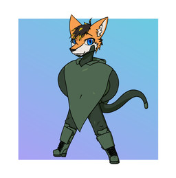 anthro blonde_hair blue_eyes brown_hair chibi clothing fur hair hand_on_hip looking_at_viewer male multicolored_body multicolored_fur multicolored_hair orange_body orange_fur simple_background smile solo two_tone_body two_tone_fur two_tone_hair white_body white_fur pangenus ranara huffzie canid canine fox mammal absurd_res hi_res smaller_version_at_source