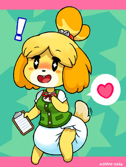 anthro blouse clean_diaper clothed clothing diaper diaper_fetish diaper_under_clothing exclamation_point female heart_reaction looking_at_viewer pantsless pantsless_female solo speech_bubble star_eyes topwear shima-pad animal_crossing nintendo isabelle_(animal_crossing) canid canine canis domestic_dog mammal shih_tzu toy_dog