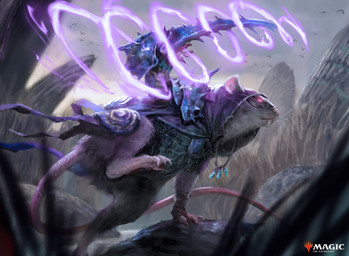 action_pose ambiguous_gender anthro armor barefoot buckteeth clothing cloud day dutch_angle feet glowing glowing_eyes holding_melee_weapon holding_object holding_weapon hood jewelry melee_weapon outside pauldron pendant pose purple_clothing solo swamp tail teeth text weapon whiskers tuan_duong_chu hasbro magic:_the_gathering wizards_of_the_coast ambient_bird mammal murid murine rat rodent 2024 absurd_res english_text hi_res official_art