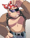 anthro belt bottomwear clothing eyewear grin harness kerchief male muscular muscular_male pecs shorts smile solo sunglasses minashirazu donkey_kong_(series) nintendo funky_kong ape gorilla haplorhine mammal primate 4:5