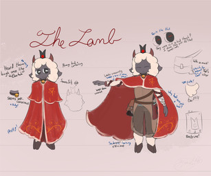 ambiguous_gender anthro bag bandage bell bell_collar belt book bottomwear chain cloak clothed clothing collar fur hooves horn looking_at_viewer scar shirt smile solo tail text topwear tunic wool_(fur) wool_hair gazaster cult_of_the_lamb massive_monster_(studio) lamb_(cult_of_the_lamb) red_crown_(cult_of_the_lamb) bovid caprine mammal sheep 2026 6:5 absurd_res digital_media_(artwork) english_text hi_res model_sheet signature