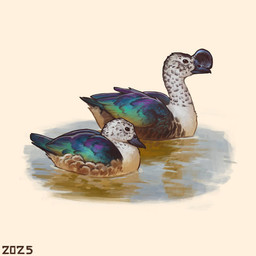 avian_caruncle beak black_beak black_body black_feathers brown_eyes comb_(anatomy) duo feathers female feral green_body green_feathers head_crest male multicolored_body multicolored_feathers partially_submerged purple_body purple_feathers simple_background speckled_feathers tail tail_feathers teal_body teal_feathers white_background white_body white_feathers wings alexpahomov anatid anseriform avian bird comb_duck duck 1:1 2025 digital_media_(artwork) digital_painting_(artwork) painting_(artwork)
