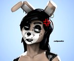 angry anthro black_eyeshadow black_hair black_lips blue_background brown_body brown_eyes cross-popping_vein ear_piercing eyeshadow facial_piercing female hair lips machine makeup medium_hair nose_piercing one_eye_closed piercing ring_piercing simple_background solo teeth zelyonka five_nights_at_freddy's scottgames angelina_(zelyonka) fan_character animatronic lagomorph leporid mammal rabbit robot robot_anthro 3d_(artwork) digital_media_(artwork) hi_res source_filmmaker_(artwork) watermark