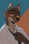 adjusting_clothing anthro clothing fur male male_anthro necktie smile solo teeth white_clothing oonekoh dreamworks the_bad_guys mr._wolf_(the_bad_guys) canid canine canis mammal wolf 2021 digital_media_(artwork) hi_res