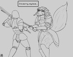 anthro bodily_fluids crying duo female fight knight love male melee_weapon sword tears warrior weapon liveiron human mammal absurd_res hi_res monochrome