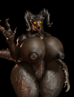 2_horns anthro big_breasts big_butt black_eyes breasts brown_body brown_claws brown_horn brown_nipples brown_scales brown_tail butt claws female front_view genitals hand_on_hip hand_on_own_hip horn huge_breasts huge_butt multicolored_body multicolored_scales nipples orange_sclera pose scales sharp_teeth solo tail teeth thick_thighs vulva willie_piv fallout microsoft deathclaw scalie 2025 3d_(artwork) digital_media_(artwork) hi_res