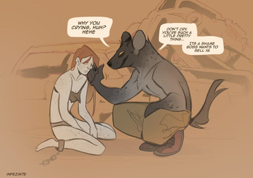 anthro bodily_fluids bottomwear bound chain chained clothing crouching cuffed_ankles dialogue duo female frown male male/female pants sitting slave smile tears text underwear wiping_tears infezmite human hyena mammal spotted_hyena english_text
