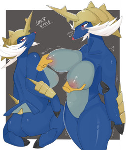 anthro anthrofied areola big_breasts blue_body blush breast_grab breasts butt disembodied_hand featureless_crotch female fur hand_on_breast horn nipples nude pokemorph simple_background smile akchi nintendo pokemon generation_5_pokemon mammal pokemon_(species) samurott hi_res