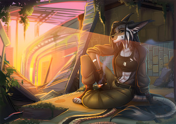 5_fingers anthro biped black_sclera breasts cigarette clothed clothing day detailed_background female fingers outside sitting smoking solo kammi-lu maeve_(tayah) canid canine hybrid mammal 2019 digital_media_(artwork)