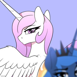 duo female feral horn photobomb side_eye unimpressed wings young young_female user001 friendship_is_magic hasbro my_little_pony mythology princess_celestia_(mlp) princess_luna_(mlp) equid equine mammal mythological_creature mythological_equine winged_unicorn 1:1 hi_res