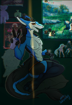 ambiguous_gender anthro bendy_straw black_body black_fur blue_body blue_fur butt clothed clothing container controller cup drinking_straw flat_chested fur game_controller legwear looking_at_viewer multicolored_body multicolored_fur nipples playstation_controller solo stockings tail thong topless underwear white_body white_fur naha_draw playstation sony_corporation sony_interactive_entertainment sergal digital_media_(artwork) hi_res