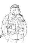 anthro bag beret canadian_flag clothed clothing gun hat headgear headwear male military overweight overweight_anthro overweight_male ranged_weapon rifle rifle_sling smile solo uniform weapon hladilnik domestic_pig mammal suid suina sus_(pig) 2:3 black_and_white hi_res monochrome sketch