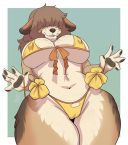 5_fingers anthro big_breasts bikini bikini_pull biped breasts brown_hair camel_toe clothing clothing_pull female fingers front_view fur hair hair_over_eyes low-angle_view navel nipple_outline open_mouth open_smile smile solo swimwear swimwear_pull two-piece_swimsuit under_boob yellow_bikini yellow_clothing yellow_swimwear lavenderpandy rubis_(monstercatpbb) canid canine canis domestic_dog mammal poodle 2021 absurd_res hi_res