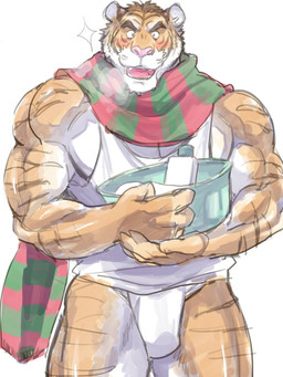anthro asian_clothing barazoku bath clothing east_asian_clothing fundoshi japanese_clothing kemono male muscular muscular_anthro muscular_male scarf shirt solo tank_top topwear underwear chun ちゅん felid mammal pantherine tiger 3:4 unavailable_at_source