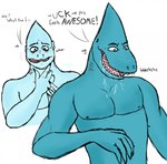 anthro bodily_fluids drooling fin freckles gills looking_at_hand male nipples profanity saliva sharp_teeth solo teeth transformation transformation_sequence verbal_reaction_to_tf dedeessen ddsn fish human humanoid mammal marine shark hi_res