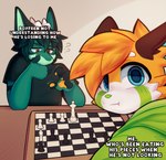 anthro black_clothing black_shirt black_topwear chess chess_board chess_piece clothing duo female fur green_body green_clothing green_fur green_hoodie green_topwear hoodie male male/female orange_body orange_fur question_mark shirt text topwear white_text jinxit asian_mythology dog_playing_chess east_asian_mythology mythology energee_(flinxsmiler) pocky_(jinxit) ailurid dragon eastern_dragon mammal mythological_creature mythological_scalie red_panda scalie absurd_res digital_media_(artwork) english_text hi_res shaded