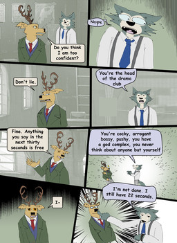 anthro antlers blurred_background bodily_fluids bottomwear clock clothed clothing collared_shirt countershading dialogue dress_shirt duo fur gesture horn humor inside jacket male open_mouth pants shirt shush standing suit suspenders sweat sweatdrop teeth text the_truth tongue topwear tuft vest watch yatewilliams beastars legoshi_(beastars) louis_(beastars) canid canine canis cervine deer mammal red_deer wolf 2022 comic english_text hi_res multiple_scenes