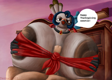 accessory anthro areola beak big_areola big_breasts blue_hair bodily_fluids breast_play breast_squish breasts dialogue ear_piercing ear_ring female female_anthro flower flower_in_hair genitals hair hair_accessory holiday_message holidays huge_breasts human_on_anthro humanoid_genitalia humanoid_penis hyper hyper_breasts interspecies male male/female male_human penis piercing plant ring_piercing sex speech_bubble squish sweat sweatdrop text titfuck destruction21 la_pavita_pechugona thanksgiving pavita_pechugona avian bird galliform human mammal phasianid turkey absurd_res english_text hi_res