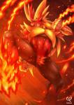 blue_eyes claws fire fur hair horn male open_mouth solo tongue chobi-pho nintendo pokemon avian bird generation_6_pokemon mega_blaziken mega_evolution pokemon_(species)