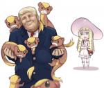 2017 angry bag bangs blonde_hair bodily_fluids bottomwear braided_hair business_suit clenched_teeth clothing digital_media_(artwork) donald_trump dress female generation_7_pokemon green_eyes group hair happy hat headgear headwear holding_character human lillie_(pokemon) long_hair male mammal necktie nintendo pigtails pokemon pokemon_(species) pokemon_trainer real_world shaded simple_background skirt smile suit sukemyon surprise sweat teeth yungoos