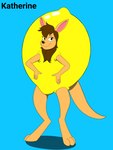 anthro clothing costume female food food_costume fruit grilled lemon lemon_costume looking_at_viewer plant simple_background solo standing penmark25! katherine kangaroo macropod mammal marsupial 3:4 absurd_res hi_res