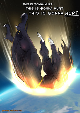 4_toes 5_fingers abs anthro areola avian_feet beak biceps big_breasts big_muscles black_areola black_body black_hair black_nipples bodily_fluids breasts burnt_clothing clothing earth eyebrows eyelashes falling feathers feet female fingers hair huge_breasts huge_muscles huge_thighs muscular muscular_anthro muscular_female nipples non-mammal_breasts non-mammal_nipples outside planet reentry solo space tail tail_feathers text thick_thighs toes mrmelted hellaverse helluva_boss octavia_(helluva_boss) avian avian_demon bird owl owl_demon 2026 absurd_res comic english_text hi_res url