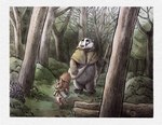 anthro biped black_body black_fur black_nose brown_body clothed clothing detailed_background duo fur outside plant size_difference tree walking white_body white_fur rayfkm badger mammal mustelid musteline rodent sciurid tree_squirrel 2025 hi_res