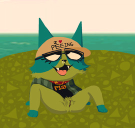 anthro anus big_ears black_clothing black_shirt black_topwear bottomless cheek_tuft clothed clothing collar cute_fangs eyelashes eyewear facial_markings facial_piercing facial_tuft fangs female flannel flannel_jacket genitals glasses grass green_body green_pubes hat head_markings headgear headwear humor leg_markings markings nose_piercing nose_ring on_ground open_mouth piercing plant pubes red_collar relaxing ring_piercing sea shirt sitting sitting_back socks_(marking) solo spread_legs spreading t-shirt teeth text tongue topwear tuft vulva water alexis_wasilla webfishing domestic_cat felid feline felis mammal