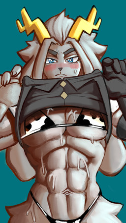 abs animal_print animal_print_bikini anthro antlers big_ears bikini blue_eyes blush clothed clothing cow_print cow_print_bikini female floppy_ears front_view fur green_background grey_body grey_clothing grey_fur grey_hair grey_nose grey_topwear hair horn long_ears looking_at_viewer lop_ears muscular muscular_female navel pattern_bikini pattern_clothing pattern_swimwear raised_clothing raised_topwear simple_background solo swimwear topwear two-piece_swimsuit wide_hips yellow_antlers redmanart pseudoregalia sybil_(pseudoregalia) bovid caprine goat hybrid jackalope lagomorph leporid mammal rabbit absurd_res hi_res