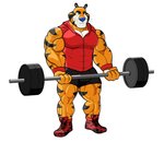 anthro barbell biceps big_muscles bottomwear clothing countershading exercise footwear hoodie huge_muscles male mascot muscular muscular_anthro muscular_male pecs quads shoes shorts simple_background sleeveless_hoodie solo standing topwear vein veiny_muscles weightlifting white_background workout nanbuskhan frosted_flakes kellogg's tony_the_tiger felid mammal pantherine tiger 2019 hi_res