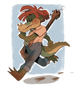 acoustic_guitar anthro clothing eyebrows eyes_closed fingers freckles green_body green_scales guitar hair male musical_instrument orange_hair overalls plucked_string_instrument scales solo string_instrument teeth walking wankadoodles arlo_the_alligator_boy arlo_beauregard alligator alligatorid crocodilian reptile scalie hi_res