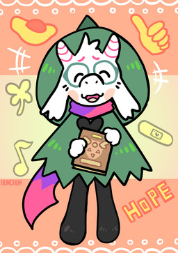 abstract_background ambiguous_gender anthro bandage blush book clothed clothing clover_(plant) egg eyes_closed eyewear footwear fully_clothed fur gesture glasses hand_gesture hat head_tuft headgear headwear heart_symbol holding_book holding_object horn legwear open_mouth open_smile plant robe scarf smile socks solo standing text thumbs_up tuft white_body white_fur witch_hat bunchum deltarune undertale_(series) ralsei bovid caprine darkner goat mammal 2018 absurd_res digital_media_(artwork) english_text full-length_portrait hi_res portrait