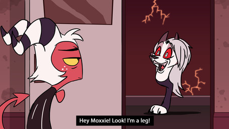 anthro bow_tie clothed clothing detailed_background duo female humor male red_body shitpost tail text what what_has_science_done where_is_your_god_now e-122-psi adult_swim cartoon_network hellaverse helluva_boss mythology rick_and_morty loona_(helluva_boss) moxxie_(helluva_boss) canid canid_demon canine demon hellhound imp mammal mythological_canine mythological_creature 2025 absurd_res english_text hi_res meme