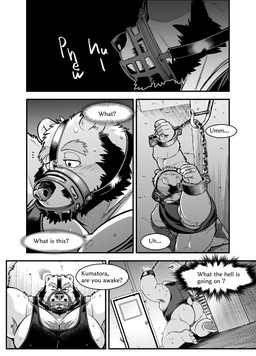 anthro armpit_hair asian_clothing body_hair bound chain chained chained_cuffs chest_hair clothing dialogue east_asian_clothing fundoshi inside japanese_clothing kneeling kneeling_on_ground male restrained shirt solo speech_bubble tank_top text topwear underwear kumagaya_shin love_mechanic bear mammal comic digital_media_(artwork) english_text hi_res monochrome translated