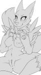 3_fingers anthro anus breasts butt clitoris eyebrows female fingers fluffy genitals long_tail looking_at_viewer mostly_nude nipples pussy solo spread_legs spreading tail raykayra bandai_namco digimon fan_character nanri canid canine digimon_(species) mammal renamon greyscale line_art monochrome