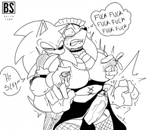 anthro armwear big_muscles big_pecs big_penis bite biting_lip biting_own_lip blush bodily_fluids clothed clothing crossdressing duo elbow_gloves erection fishnet_clothing fishnet_legwear foreskin genital_fluids genitals gloves handwear head_on_shoulder huge_penis lactating larger_male legwear maid_headdress maid_uniform male male/male male_lactation muscular muscular_anthro muscular_male nipple_fetish nipple_pinch nipple_play pec_squeeze pecs penis pinch precum profanity self_bite size_difference smaller_male smug_grin speech_bubble stubble surprised thought_bubble throbbing throbbing_penis tongue tongue_out tuft uniform vein veiny_penis bacon_sama sega sonic_the_hedgehog_(series) knuckles_the_echidna sonic_the_hedgehog echidna eulipotyphlan hedgehog mammal monotreme hi_res monochrome