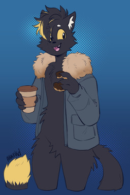 4_fingers anthro biped black_body black_fur claws dessert dipstick_tail doughnut fingers food fur inner_ear_fluff male markings open_mouth open_smile pastry smile solo tail tail_markings tuft akaunkel knight_(knight) domestic_cat felid feline felis mammal 2:3 hi_res