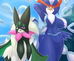 anthro beak big_breasts blue_body blue_eyes breast_curtains breasts duo female fur green_body green_fur hanging_breasts looking_at_viewer pink_eyes smile ebino_senaka nintendo pokemon avian felid feline generation_9_pokemon mammal meowscarada pokemon_(species) quaquaval