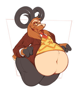 accessory anthro belly belly_overhang big_belly big_butt black_bottomwear black_clothing black_horn black_pants bottomwear brown_body brown_fur butt clothing curved_horn eyewear fur glasses horn huge_belly jacket light_body light_fur long_ears male navel necktie obese obese_anthro obese_male overweight overweight_anthro overweight_male pants red_clothing red_eyes red_jacket red_necktie red_topwear shirt small_tail snout solo tail topwear vest wardrobe_malfunction white_clothing white_shirt white_topwear wide_hips yellow_clothing yellow_topwear yellow_vest boot_(artist) montana_(boot) bovid caprine goat mammal 2022 hi_res